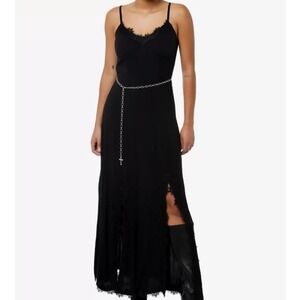 Cosmic Aura Lace Trim Babydoll Slip Maxi Dress Sz S Black Double Slit Y2K Goth